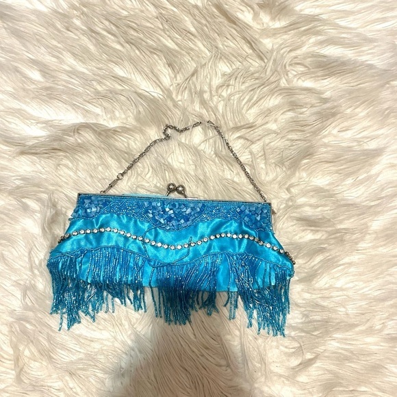Lapis Handbags - Blue Beaded Fringe Clutch